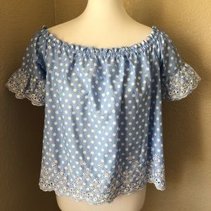 Coffee Bean Blue & White Polka Dot Blouse Sz L